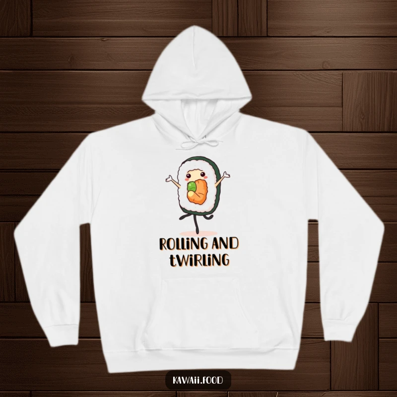 Cozy funny cheerful sushi roll performing a pirouette, on a warm hoodie, ideal for comfortable, elegant wear.