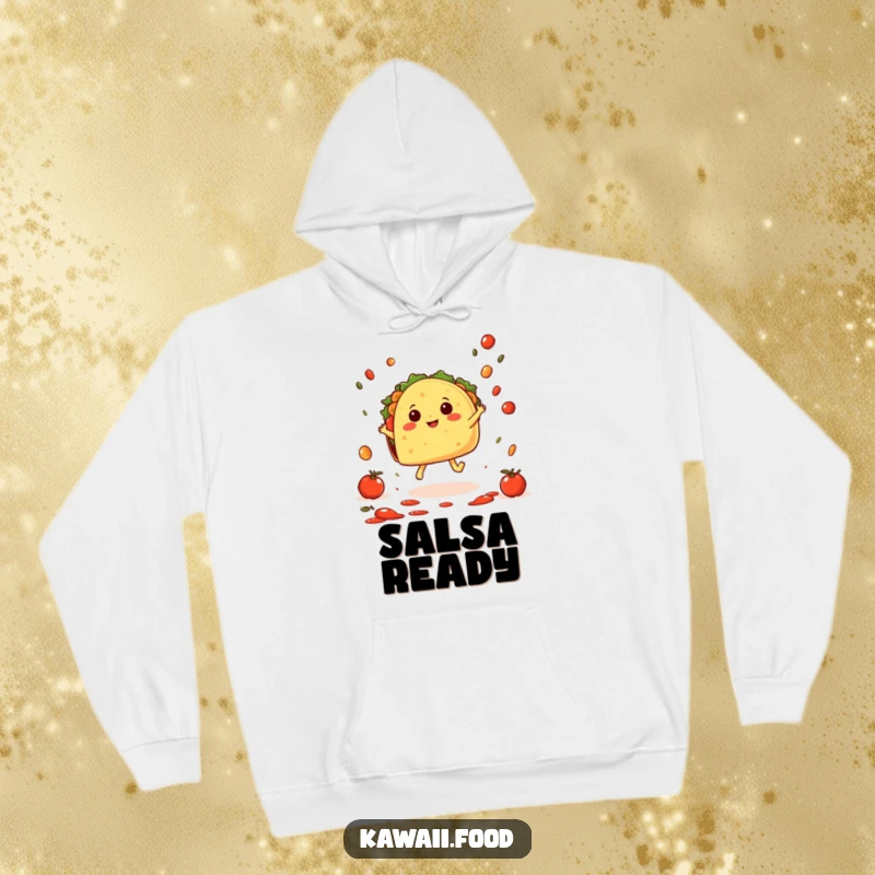 Funny Taco Hop Hoodie: A cheerful taco character with tiny feet joyfully hopping amidst falling salsa, perfect for cozy, festive fun.