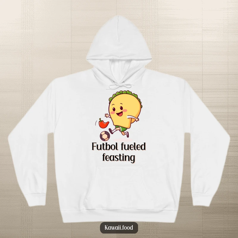 Funny hoodie depicting a smiling taco gleefully kicking a tiny chili pepper soccer ball, blending warmth with foodie fun.