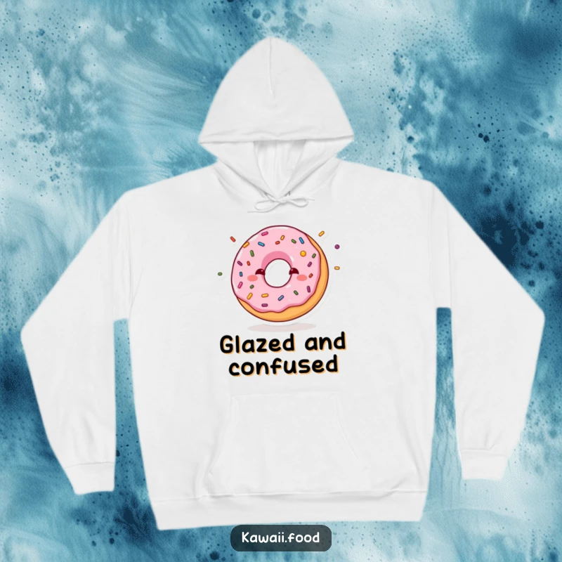 Funny hoodie featuring a shy donut blushing while juggling sprinkles, offering warmth and a dose of adorable, humorous charm.
