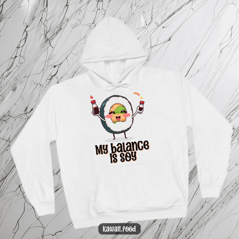 Smiling sushi roll character playfully juggling soy sauce bottles, featured on a cozy hoodie for ultimate comfort and quirky charm.