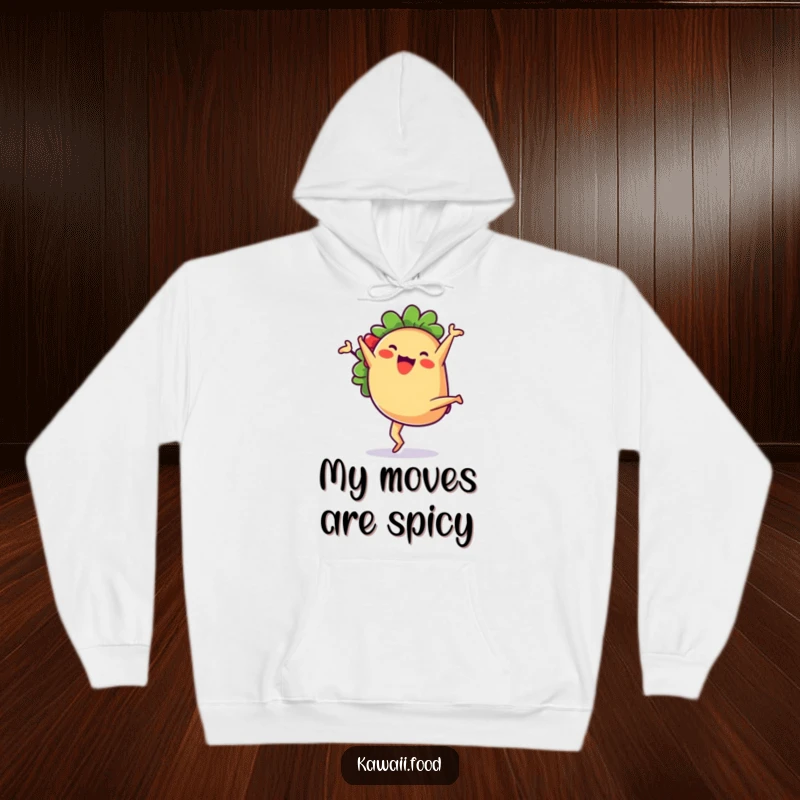 Cute anthropomorphic taco character doing a joyful cartwheel, featured on a cozy hoodie for ultimate comfort and laughs.
