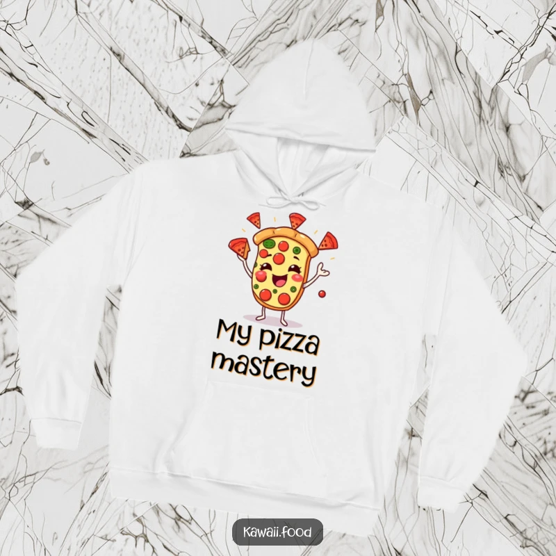 Funny hoodie featuring a joyful pizza character juggling pepperoni slices, perfect for staying warm while celebrating a love for pizza.