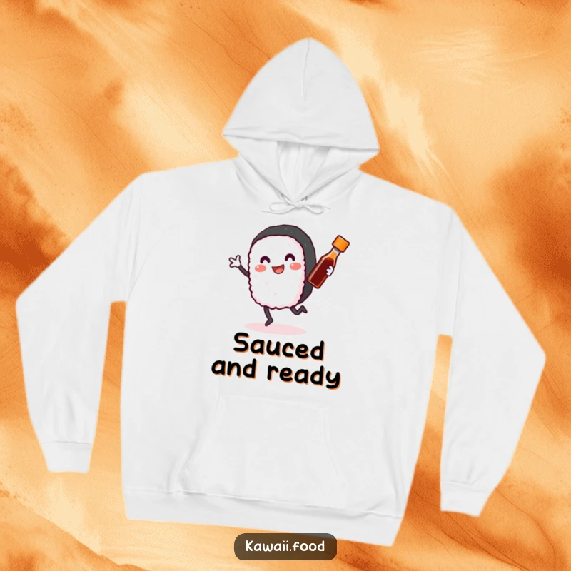 Funny Sushi Roll Hoodie: A smiling sushi roll with arms and legs happily dancing with a tiny soy sauce bottle, perfect for cozy, funny vibes.
