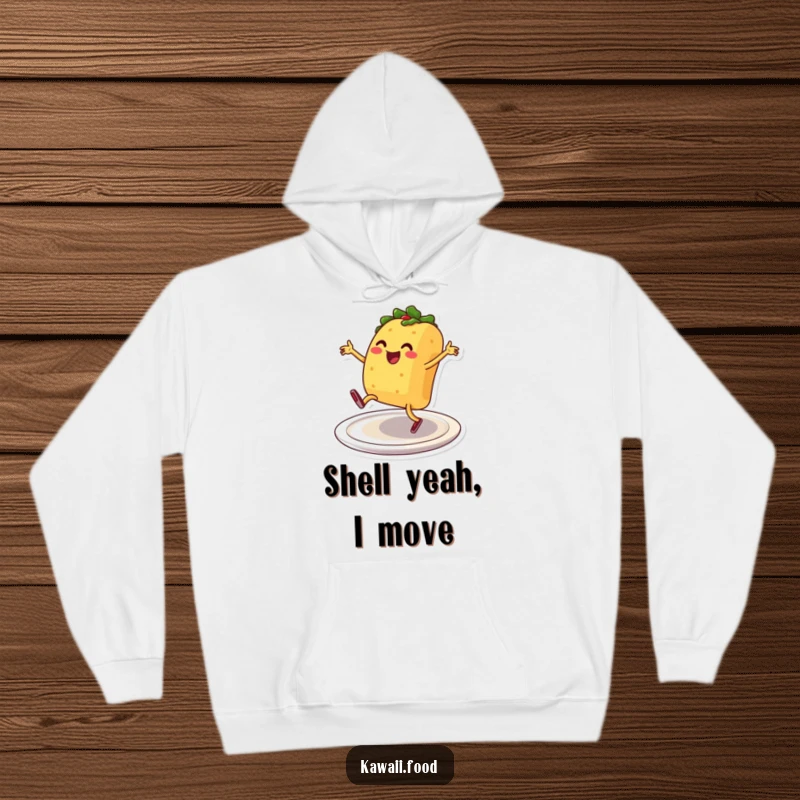 Cozy funny smiling taco character breakdancing on a plate, featured on a warm hoodie, ideal for comfortable, energetic wear.