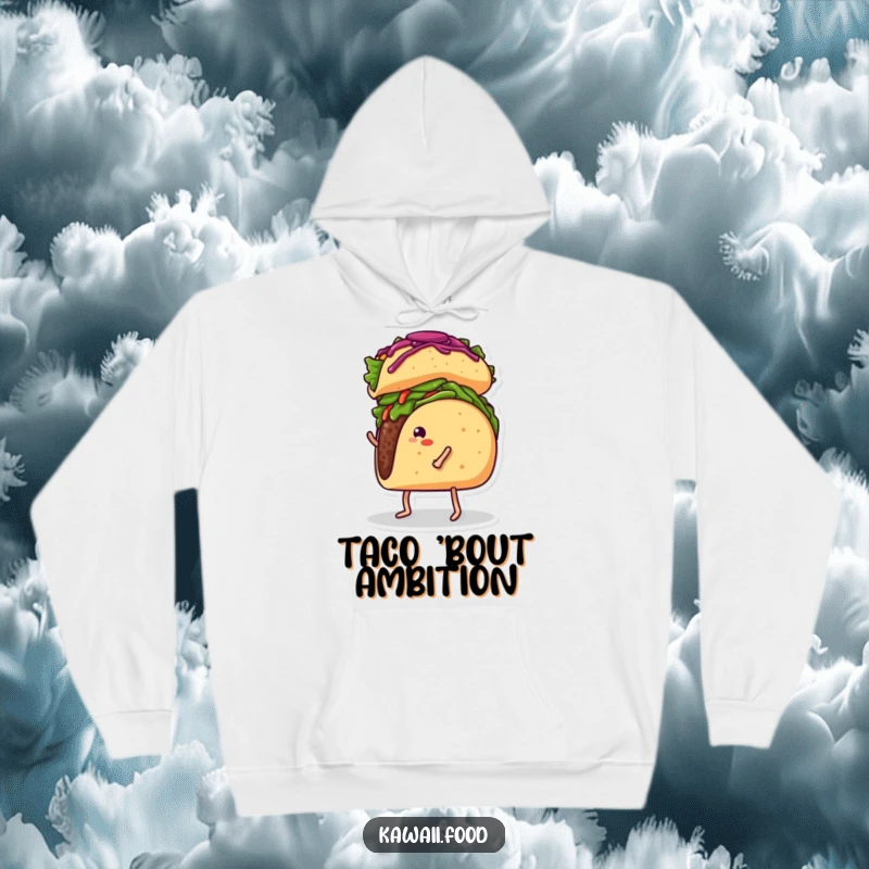 Funny hoodie showcasing a taco with legs struggling to keep a burrito balanced on its head, a comical kitchen scene.
