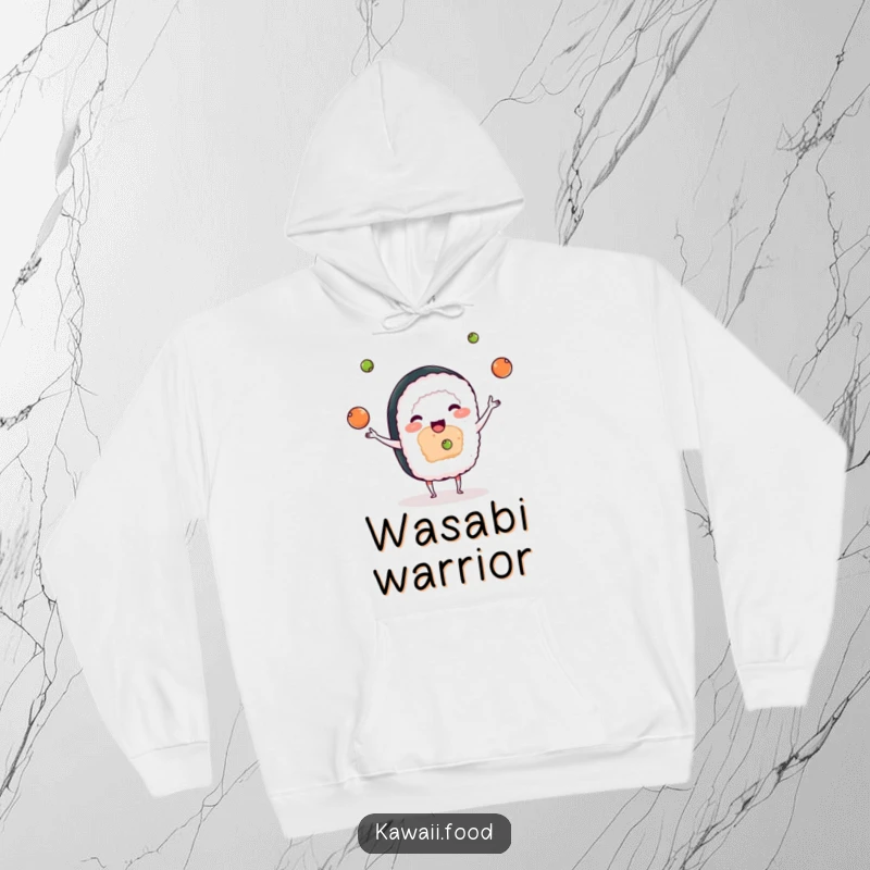 Funny hoodie print of a cute sushi character skillfully juggling small wasabi balls, radiating playful energy.
