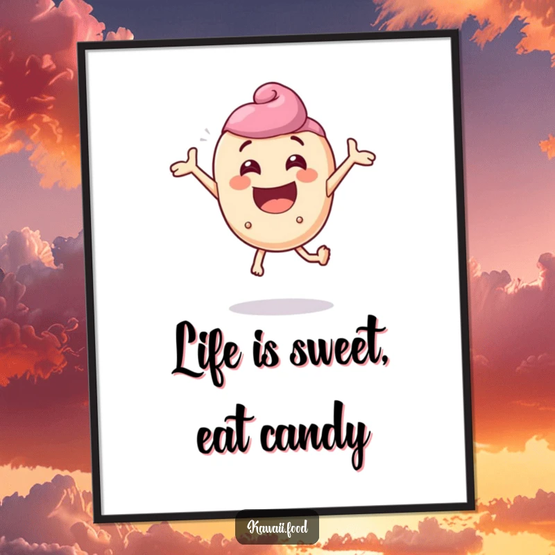 Funny Free Printable Wall Art: A delighted candy character comically bouncing with extreme enthusiasm, creating a vibrant, joyful scene.