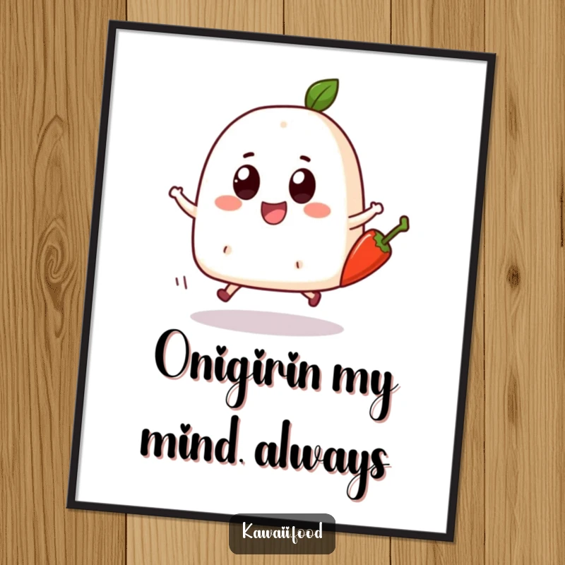 Funny free printable wall art of a bouncing onigiri character with big eyes joyfully skipping with a chili pepper.