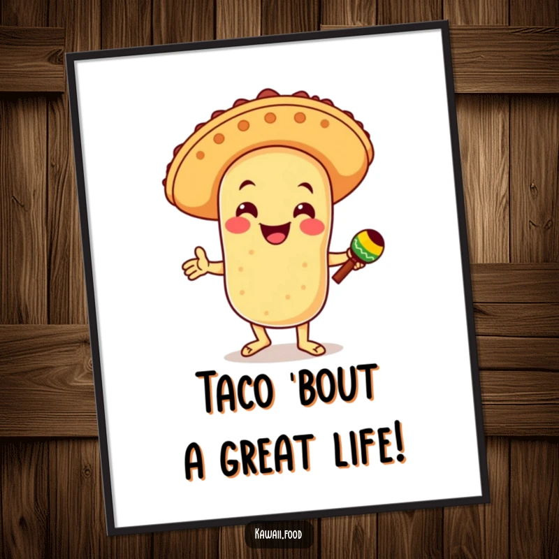 Funny Free Printable Wall Art: A smiling taco character wearing a sombrero, dancing joyfully with maracas, adding fiesta decor.