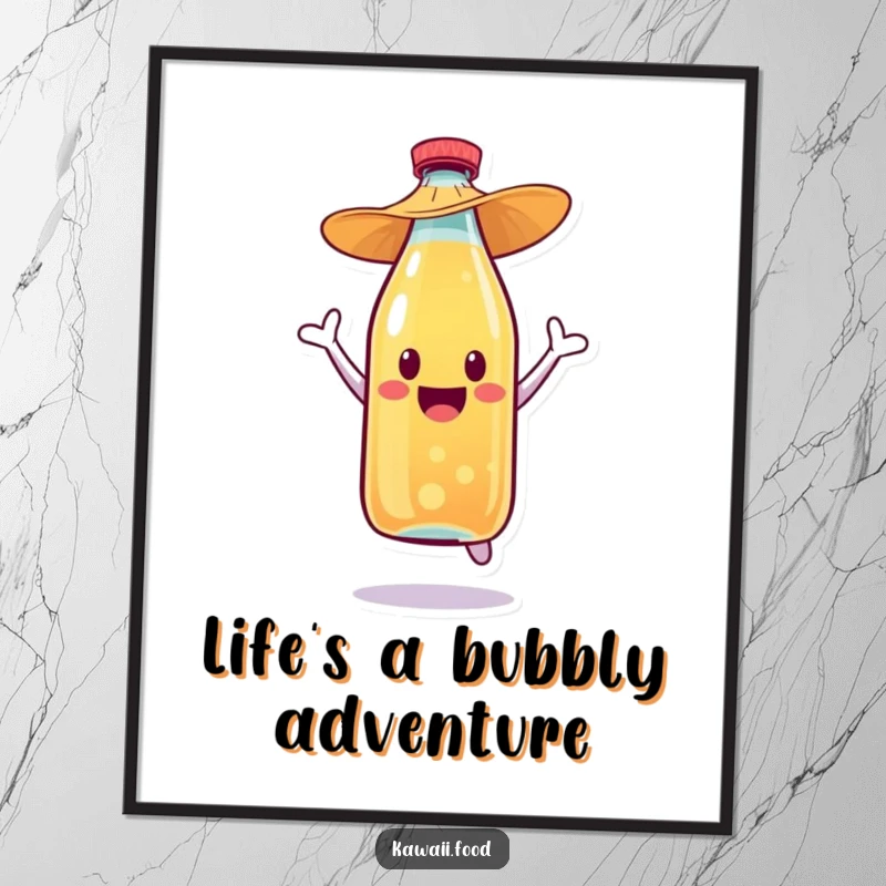 Funny Free Printable wall art of a bubbly soda bottle character in a straw hat, doing a huge celebratory jump.