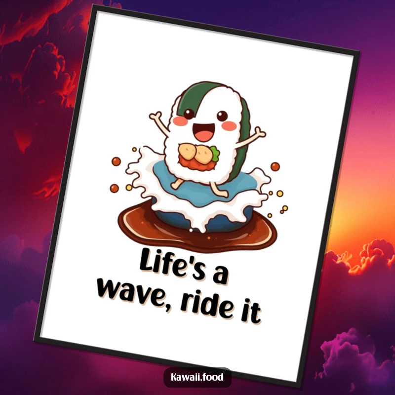 Funny Free Printable Wall Art: A delighted sushi roll with legs happily rides a rolling wave of soy sauce, bringing smiles.