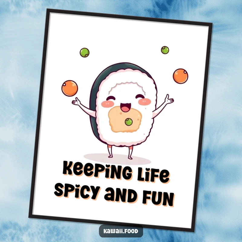 Funny Free Printable Wall Art: A charming sushi character playfully juggling small, green wasabi balls with skill.