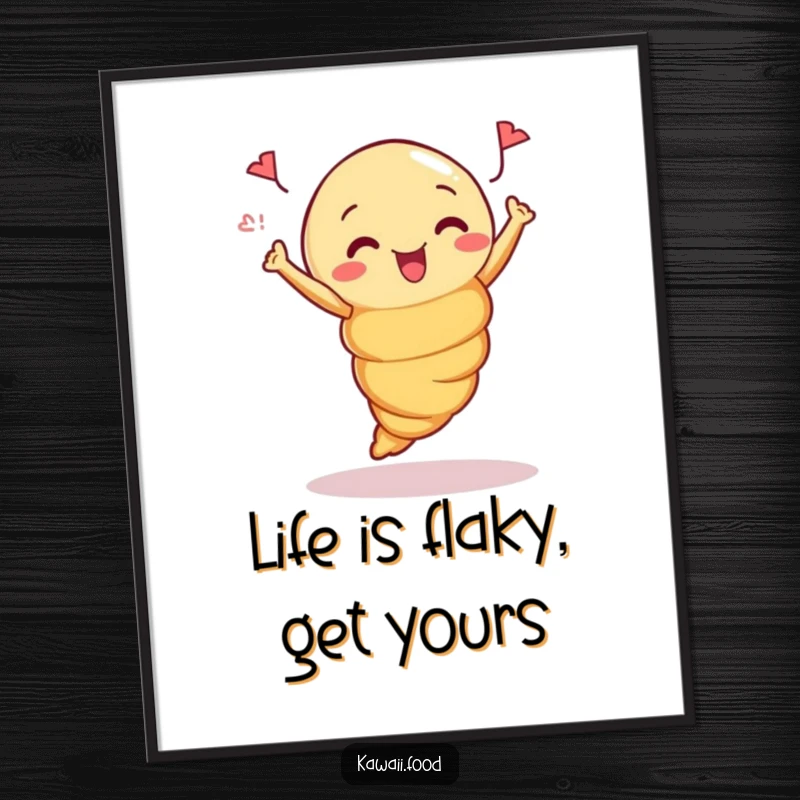 Funny Free Printable Croissant Wall Art depicting a curious croissant doing an enthusiastic celebratory jump.