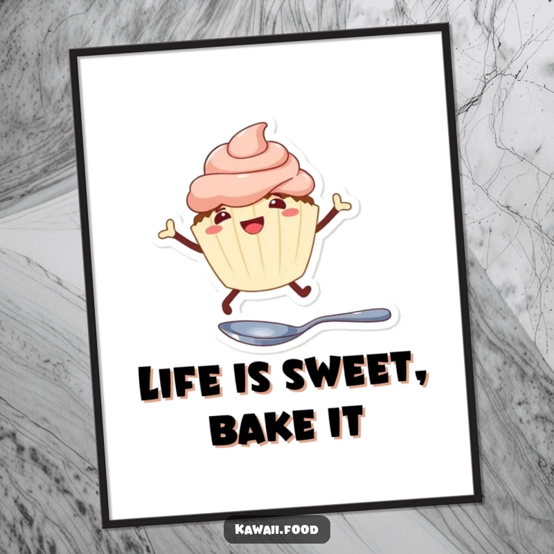 Funny Free Printable Wall Art: A cheerful cupcake with legs enthusiastically leaping over a tiny spoon, adding a sweet, playful vibe.