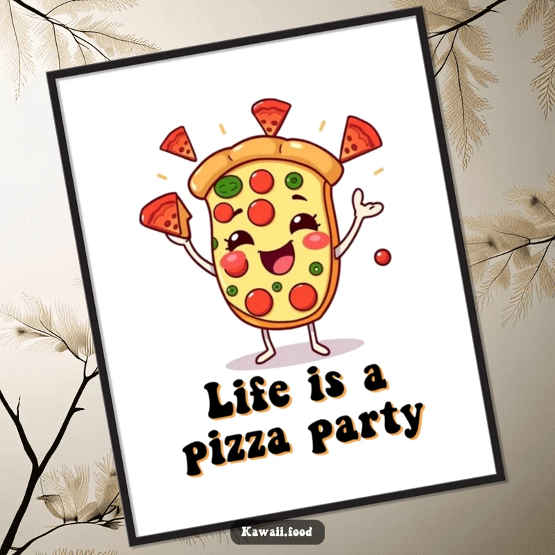 Funny Free Printable Wall Art: A cheerful pizza slice character energetically juggling multiple pepperoni slices in the air.