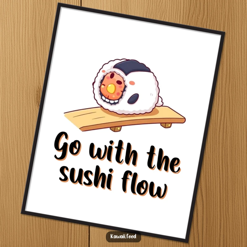 Funny Free Printable Wall Art: A smiling sushi roll is captured mid-slide down a ramp, bringing playful energy.