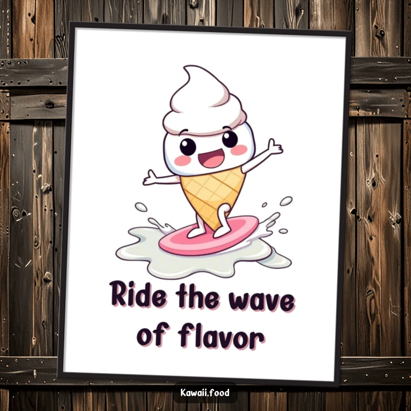 Funny Free Printable Wall Art: A jolly ice cream cone character joyfully surfing on a melting puddle, creating a cool, humorous scene.