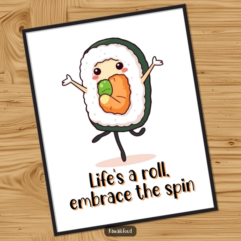 Funny Free Printable Wall Art: Cheerful sushi roll with legs executing a graceful pirouette with a smile.