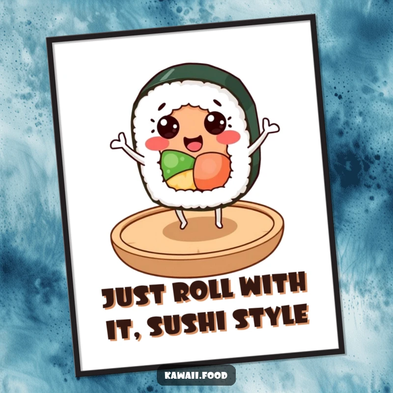 Funny Free Printable Wall Art: Cheerful sushi roll character dancing happily on a small wooden plate, quirky decor.