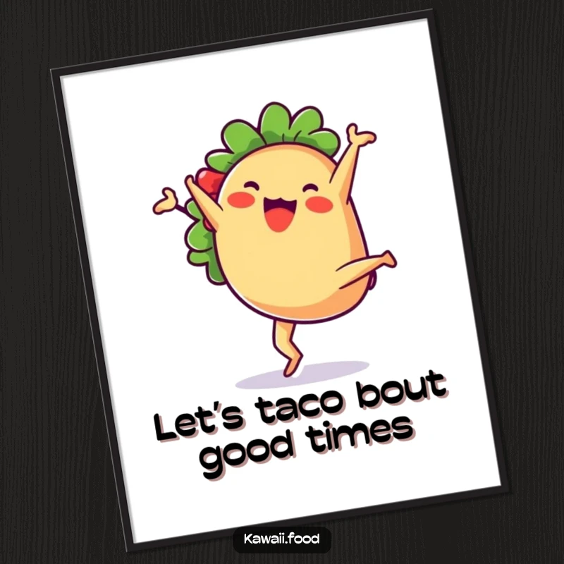 Funny Free Printable Wall Art of a taco character joyfully doing a cartwheel, bringing culinary fun to decor.