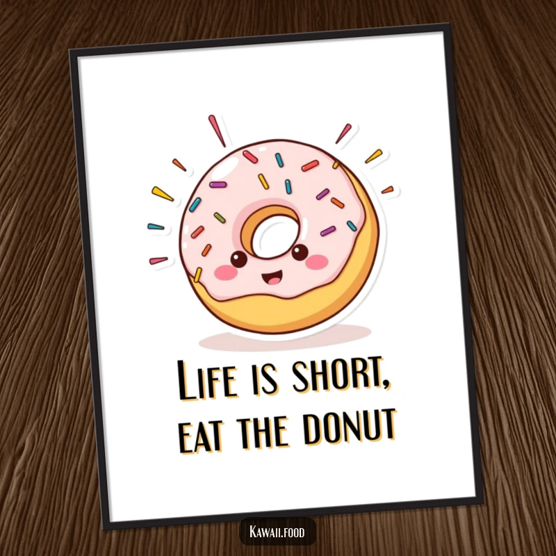 Funny Free Printable Wall Art of a cheerful donut with sprinkles flying off, bringing sweet, humorous decor.