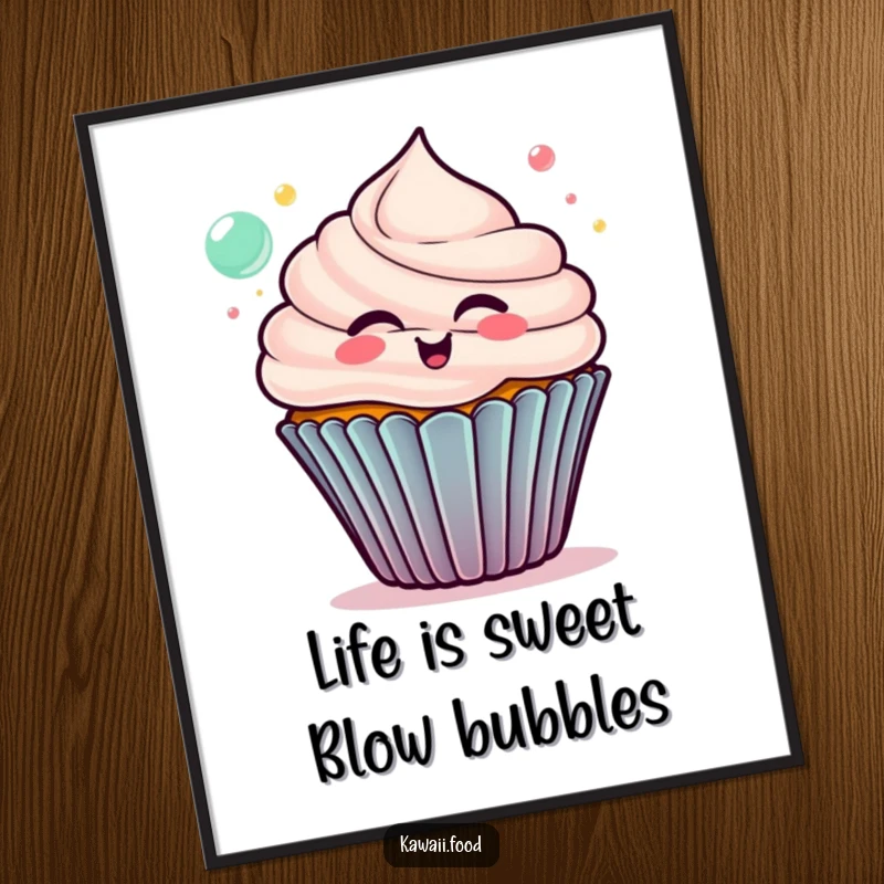 Funny Free Printable Wall Art: Delighted cupcake blowing small, colorful bubbles, creating a joyful and whimsical scene.