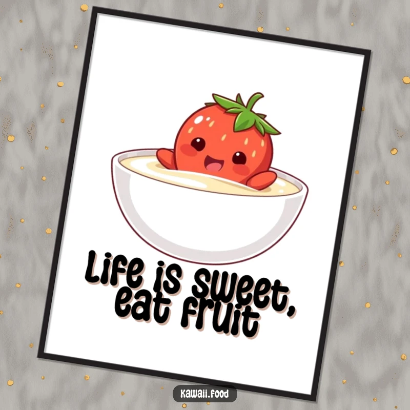 Funny Free Printable Wall Art: A happy strawberry character comically attempting to swim in a bowl of cream, bringing whimsical charm.