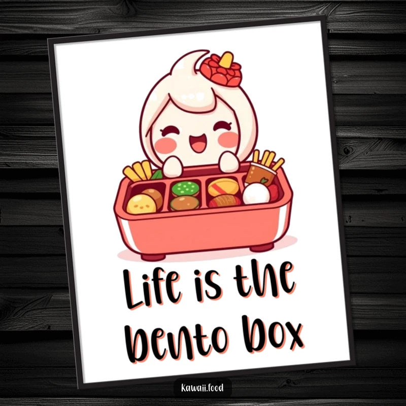 Funny free printable wall art of a delighted bento box character happily presenting miniature delicious food.