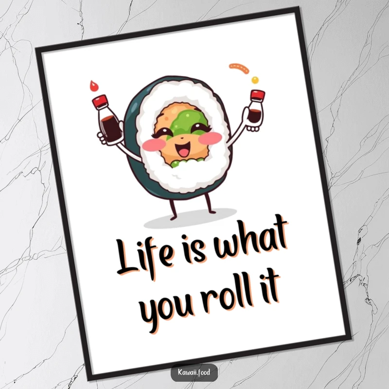 Funny Free Printable Wall Art of a sushi roll character playfully juggling soy sauce bottles, bringing culinary fun to decor.
