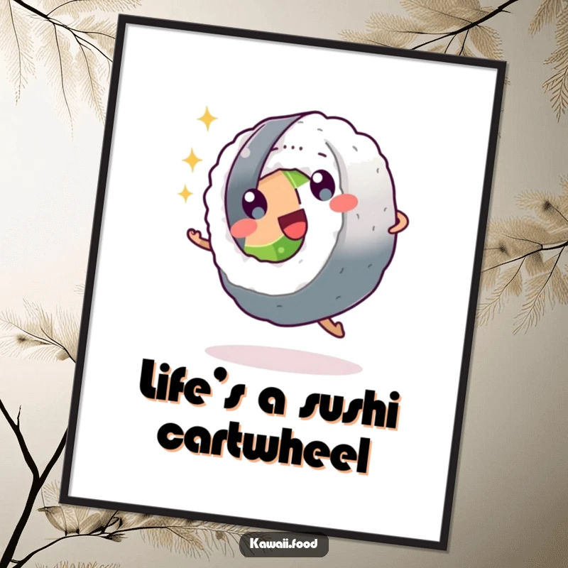 Funny free printable wall art: A sparkling sushi roll character performing a dynamic cartwheel, vibrant and humorous decor.