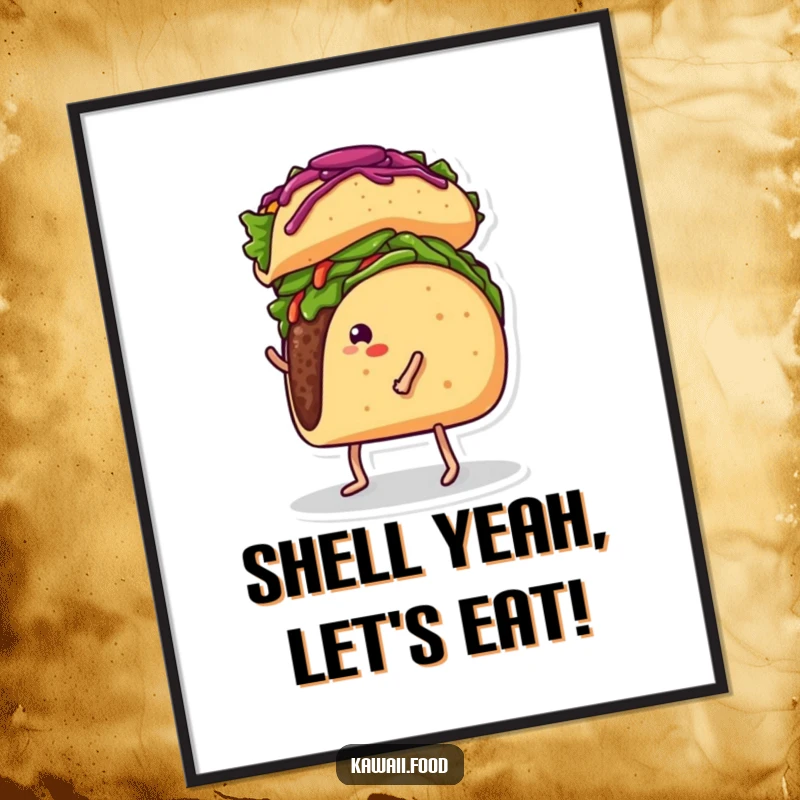 Funny Free Printable Wall Art: A taco with legs hilariously balances a burrito on its head, bringing laughter.