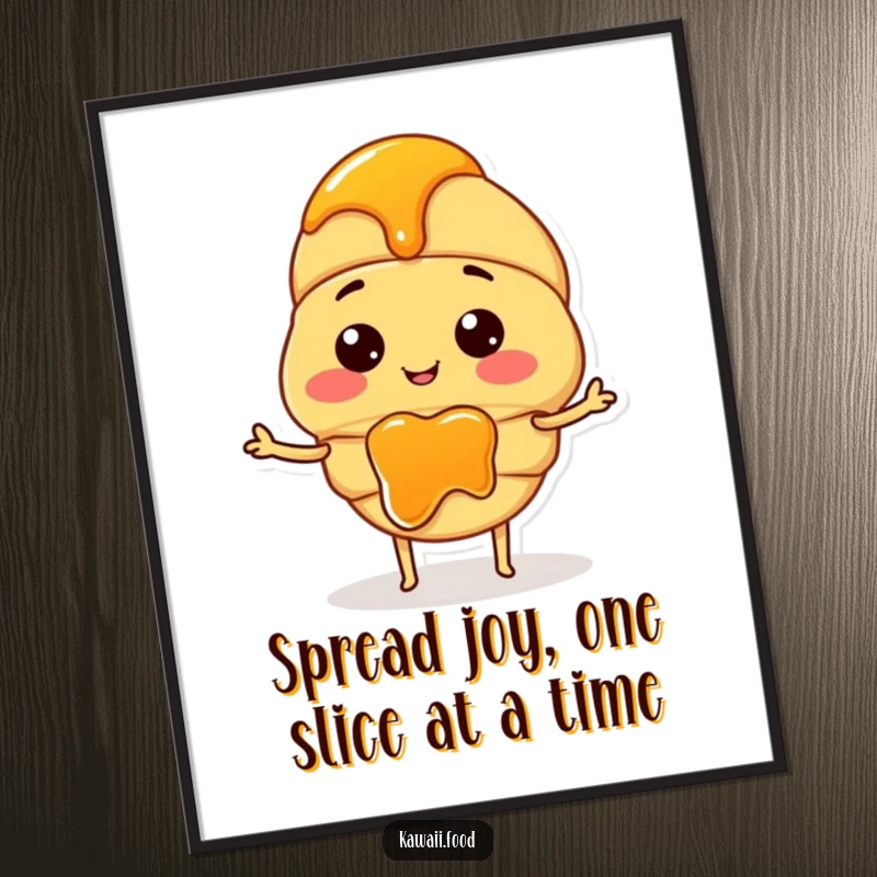 Funny free printable wall art of a smiling croissant character with tiny arms spreading jam cheerfully.