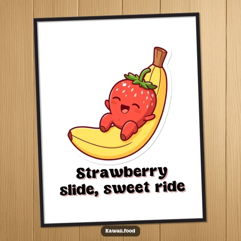 Funny Free Printable Wall Art: Smiling strawberry character gleefully slides down a banana peel, a picture of pure, slippery joy.