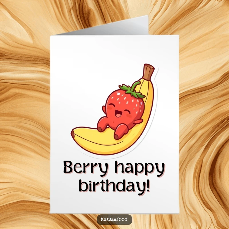 Funny Free Printable Birthday Card: Smiling strawberry character slides gleefully down a banana peel, enjoying the slippery ride.