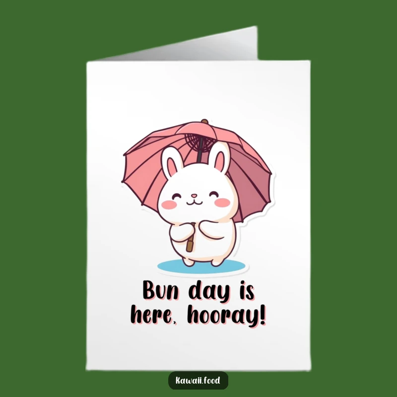 Free Printable Birthday Card: Curious Bao Bun Under Umbrella, Whimsical Downloadable Gift