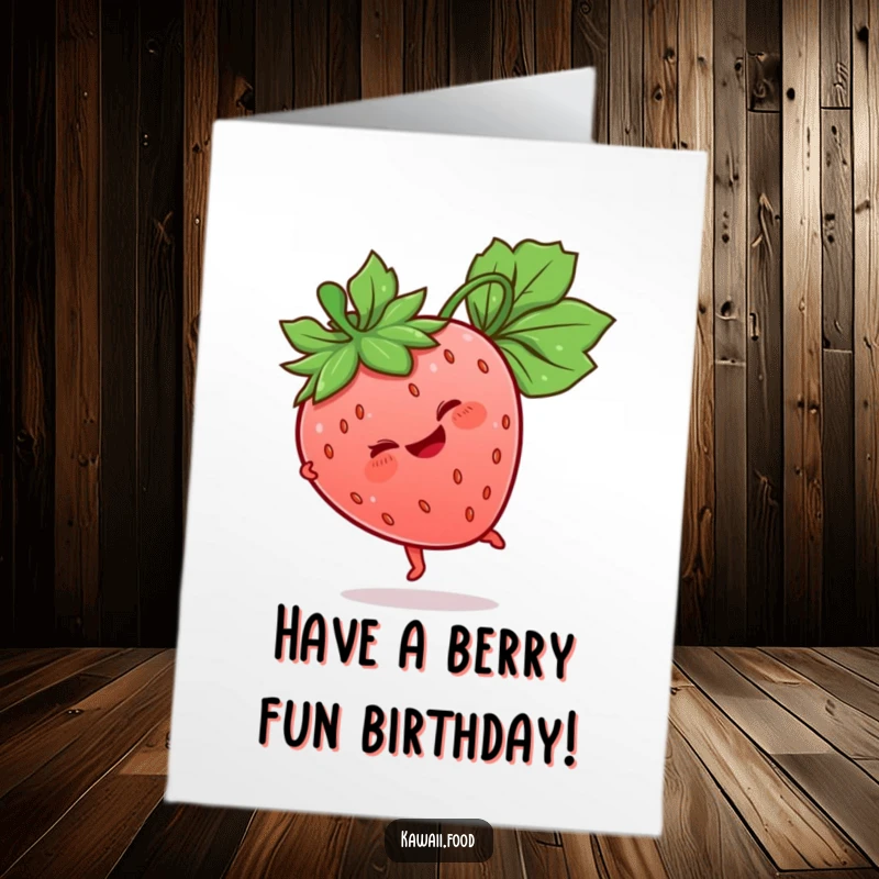 Funny Free Printable Birthday Card: Giggling strawberry doing a cartwheel, its leaf stem acting as a fun flourish.