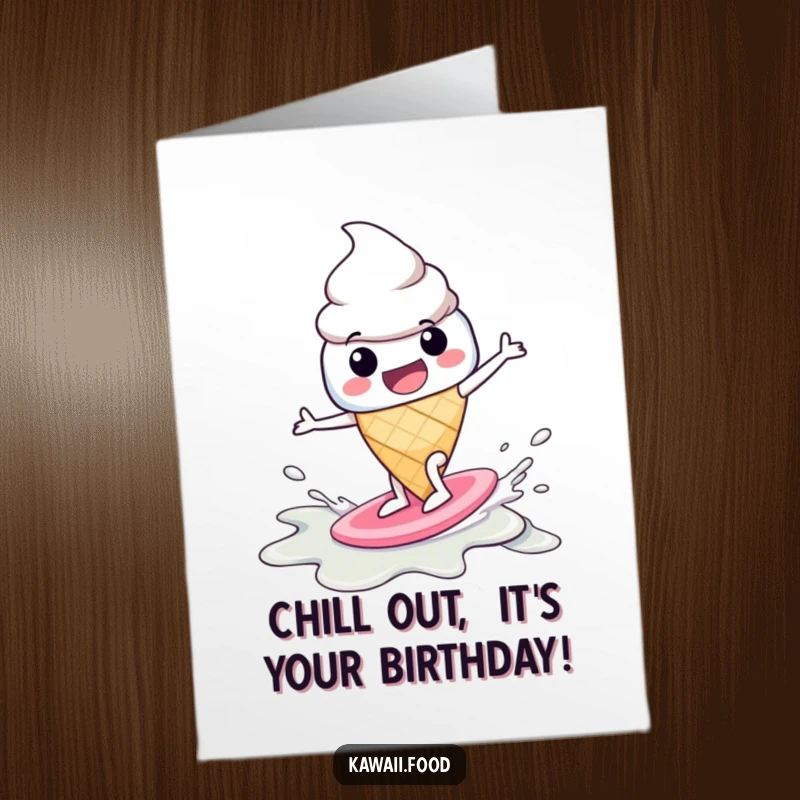 Funny Free Printable Birthday Card: A happy ice cream cone character joyfully surfing on a melting puddle, bringing birthday cheer.