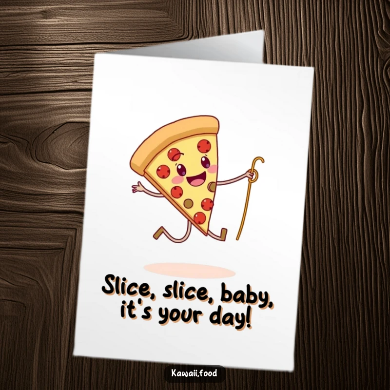 Funny Free Printable Birthday Card: A pizza slice with legs energetically skips rope using a spaghetti strand, full of birthday cheer.