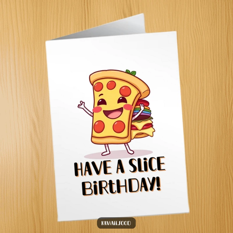 Funny free printable birthday card: A grinning pizza slice character precariously balancing a stack of toppings, a comedic feat.