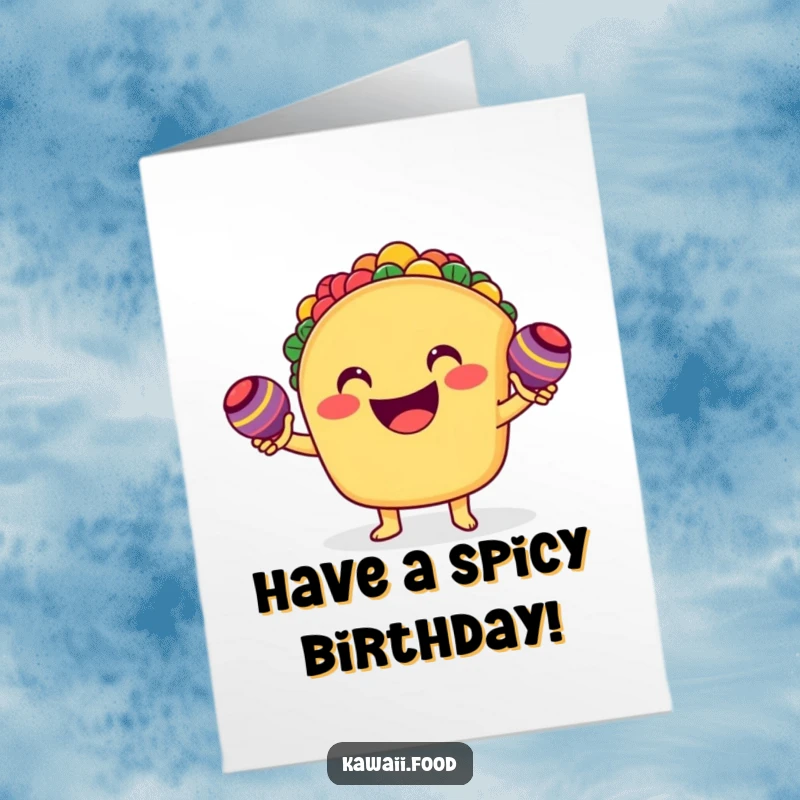 Funny free printable birthday card: A smiling taco character shaking tiny maracas with enthusiasm, a festive party starter.
