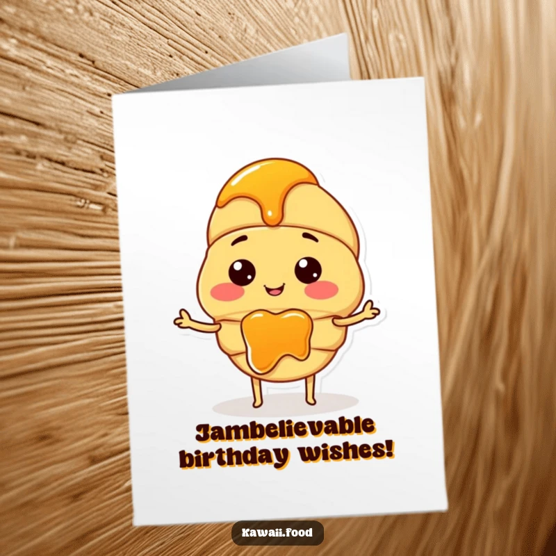 Funny free printable birthday card of a smiling croissant character with tiny arms happily spreading jam.