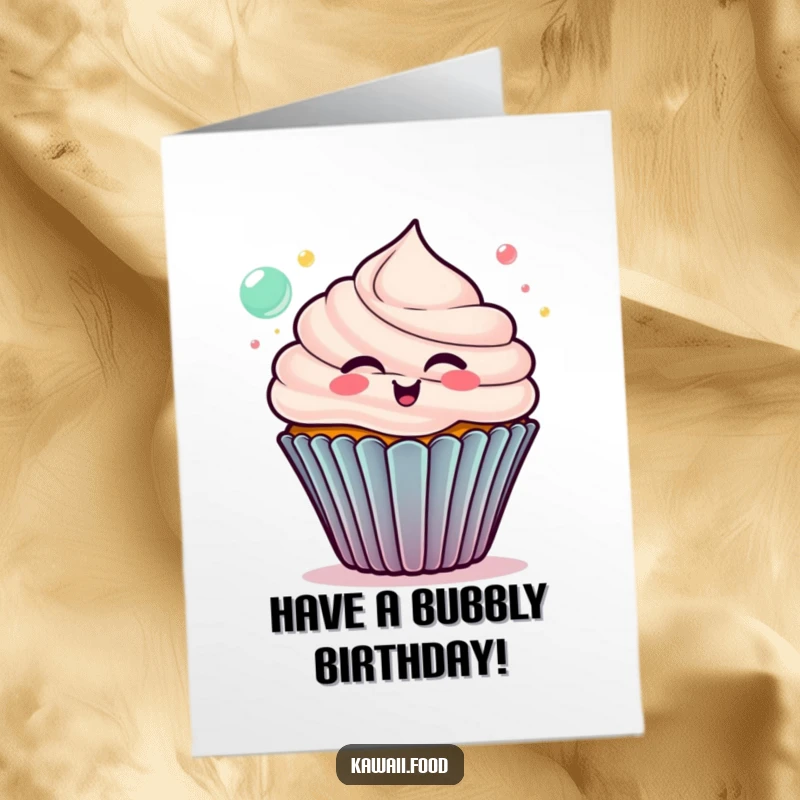Funny Free Printable Birthday Card: Delighted cupcake blowing small, colorful bubbles with a happy expression.