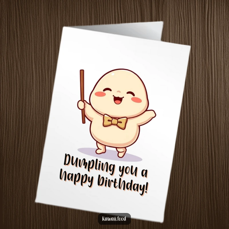Funny Free Printable Birthday Card: Happy dumpling character in a bow tie waltzing with a chopstick.