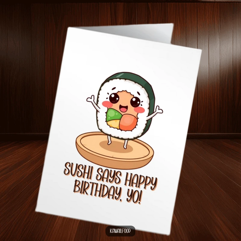 Funny Free Printable Birthday Card: Cheerful sushi roll character dancing joyfully on a wooden plate, digital download.