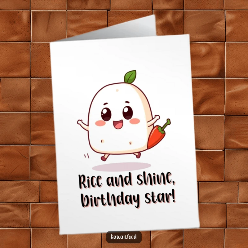 Funny free printable birthday card featuring a bouncing onigiri character joyfully skipping with a chili pepper.