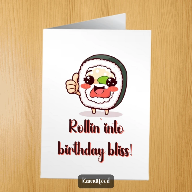Funny Free Printable Birthday Card: Proud sushi roll character giving a big thumbs up for a happy celebration.