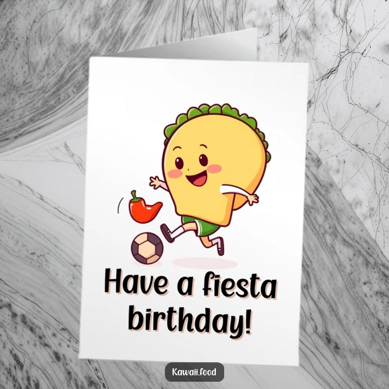 Funny free printable birthday card: a smiling taco character gleefully kicking a small chili pepper, celebrating with a playful kick.