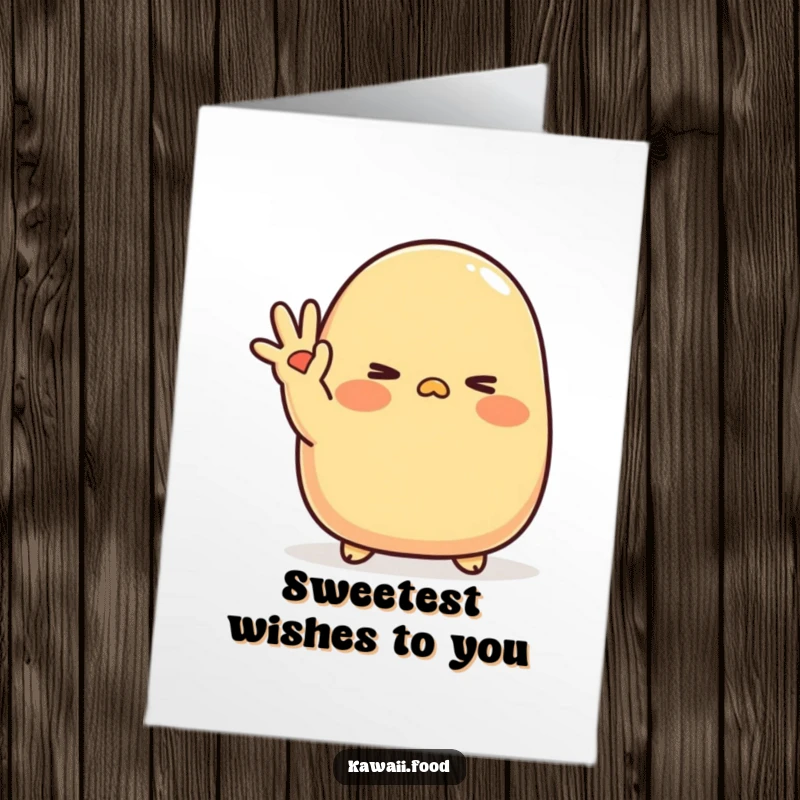 Funny free printable birthday card featuring a blushing tamagoyaki character waving shyly with a cute wink.