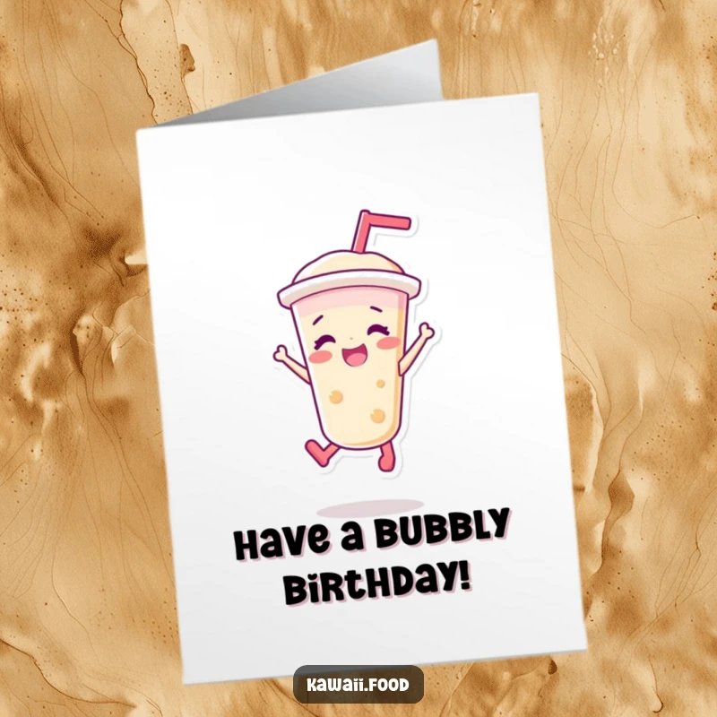 Funny Free Printable Birthday Card: A vibrant bubble tea cup character with a big smile doing a joyful jump.